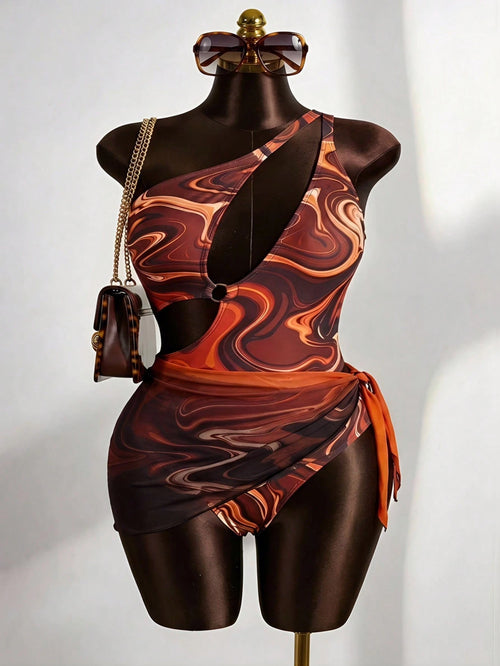 Slaydiva Plus Size Women Summer Beach Vacation Allover Print Halter Hollow-Out One-Piece Swimsuit And Knotted Cover-Up Skirt Set