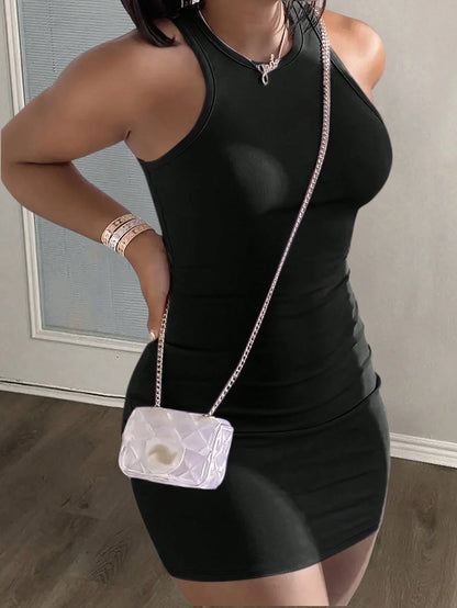 Slaydiva Simple Casual Basic Sleeveless Round Neck Lavender Tight Fitted Stretch Mini Dress For Women,Summer Dresses For Women
