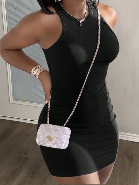 Slaydiva Simple Casual Basic Sleeveless Round Neck Lavender Tight Fitted Stretch Mini Dress For Women,Summer Dresses For Women