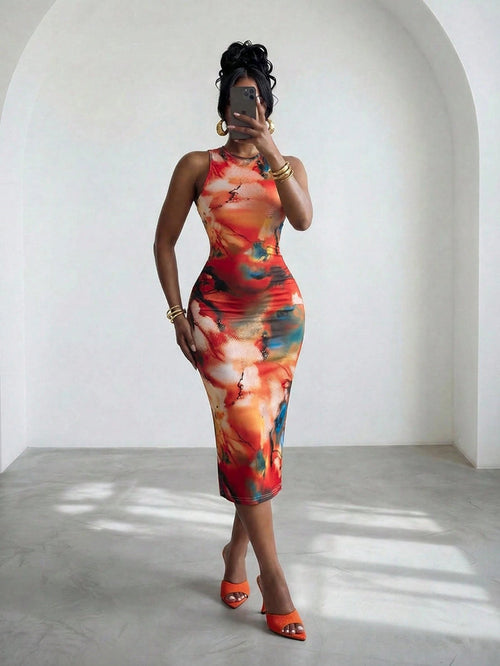 Slaydiva Summer Women's Red Orange Mid-Length Dress Date Night Party Floral Print Round Neck Sleeveless Form-Fitting A-Line Skirt Elegant Sexy Outfit
