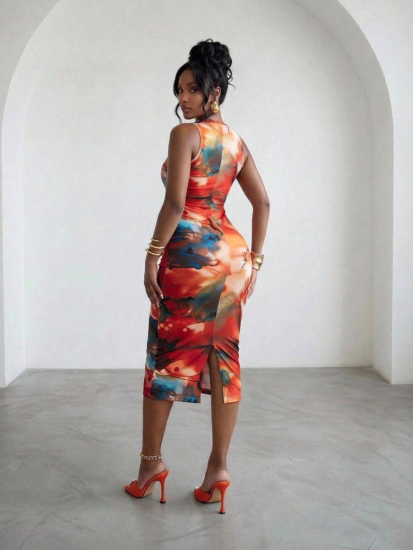 Slaydiva Summer Women's Red Orange Mid-Length Dress Date Night Party Floral Print Round Neck Sleeveless Form-Fitting A-Line Skirt Elegant Sexy Outfit