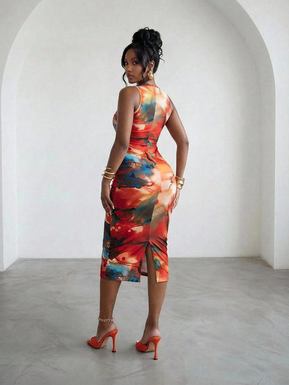 Slaydiva Summer Women's Red Orange Mid-Length Dress Date Night Party Floral Print Round Neck Sleeveless Form-Fitting A-Line Skirt Elegant Sexy Outfit