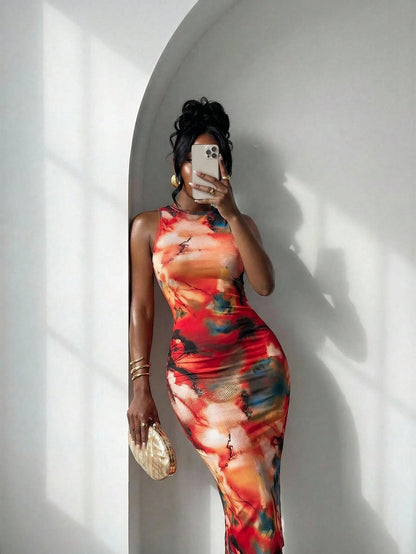 Slaydiva Summer Women's Red Orange Mid-Length Dress Date Night Party Floral Print Round Neck Sleeveless Form-Fitting A-Line Skirt Elegant Sexy Outfit