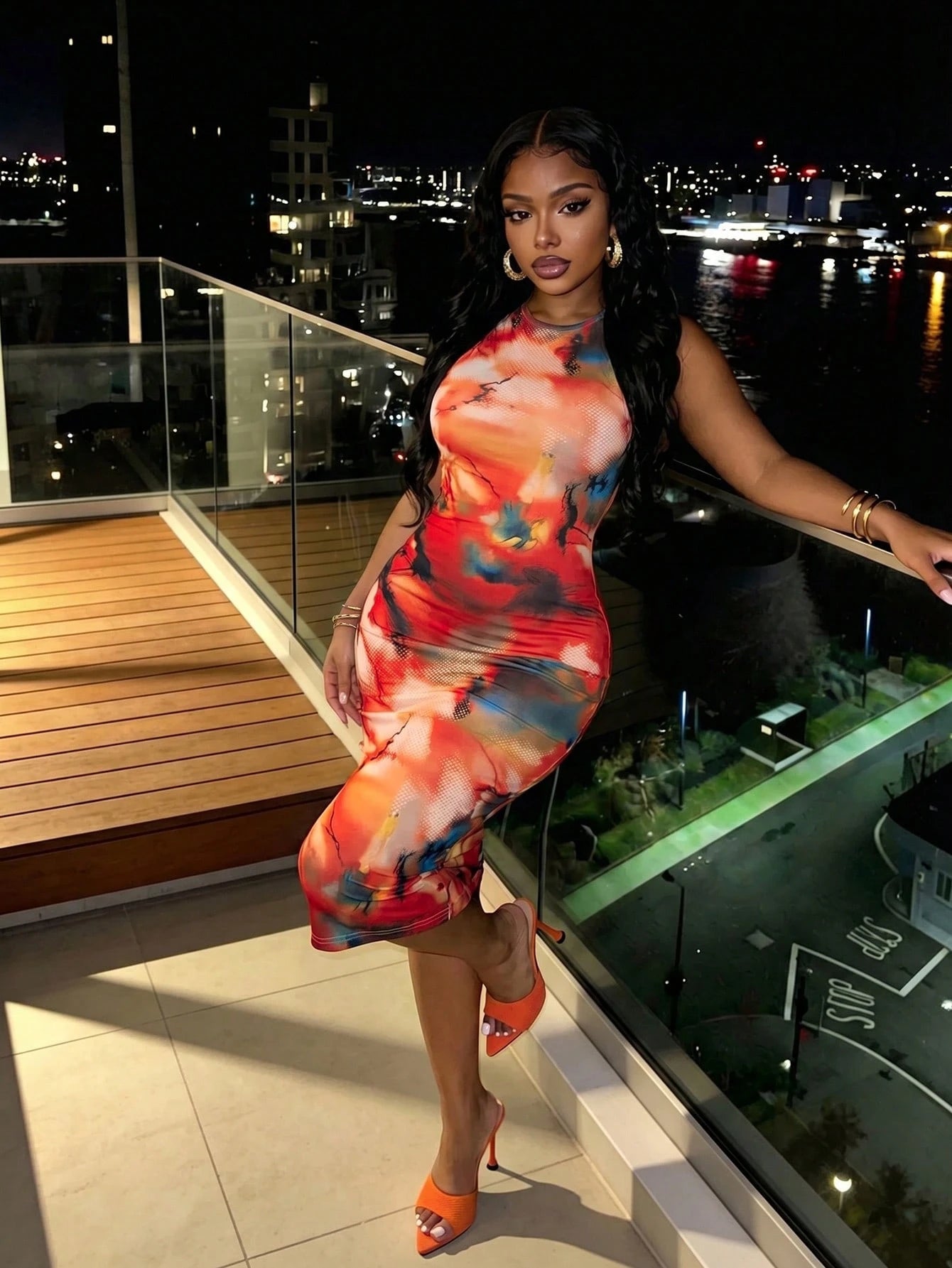 Slaydiva Summer Women's Red Orange Mid-Length Dress Date Night Party Floral Print Round Neck Sleeveless Form-Fitting A-Line Skirt Elegant Sexy Outfit