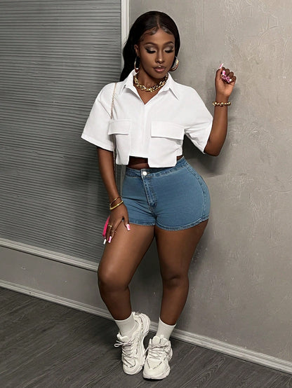 Slaydiva Women Casual Streetwear White Polo Collar Pocket Cropped Top