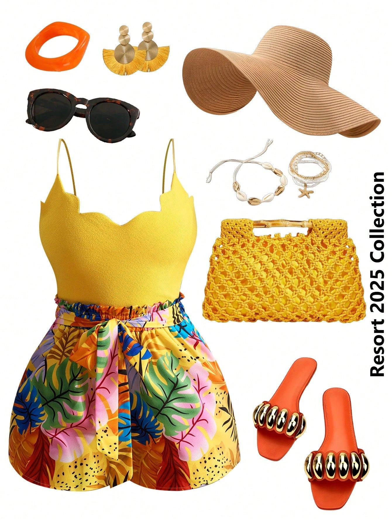 Slaydiva Women's Yellow Summer Boho Holiday Vacation Holiday Two-Piece Set,Wavy Edge Collar Suspenders Cropped Vest Top & Leaf Print Fungus Waistband Shorts