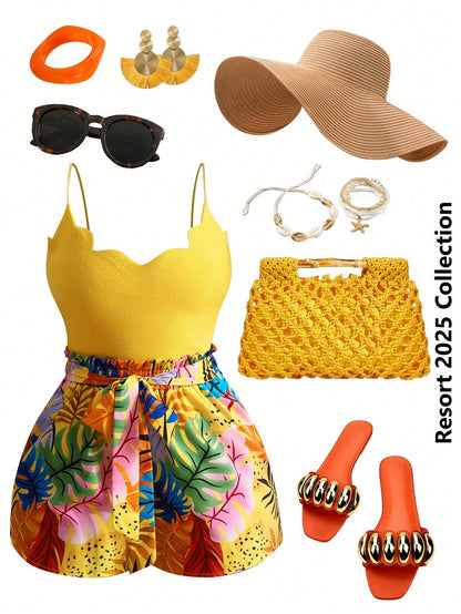 Slaydiva Women's Yellow Summer Boho Holiday Vacation Holiday Two-Piece Set,Wavy Edge Collar Suspenders Cropped Vest Top & Leaf Print Fungus Waistband Shorts