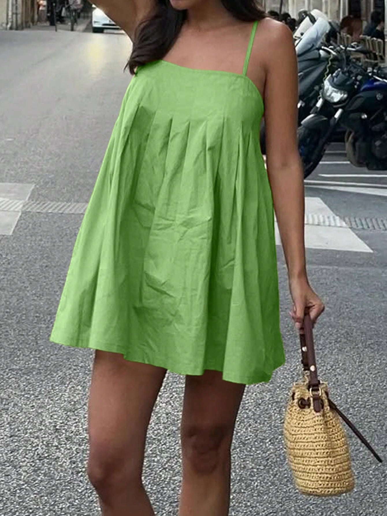 Sleeveless A-Line Pleated Green Dress, Casual Vacation Dress For Women, Spring/Summer Elegant