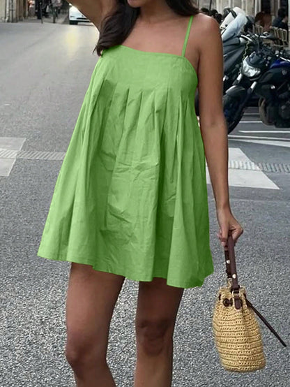 Sleeveless A-Line Pleated Green Dress, Casual Vacation Dress For Women, Spring/Summer Elegant