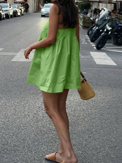 Sleeveless A-Line Pleated Green Dress, Casual Vacation Dress For Women, Spring/Summer Elegant