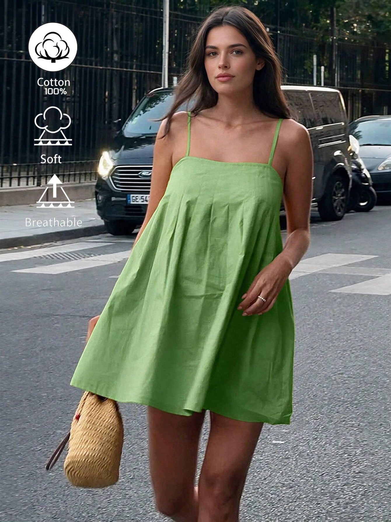 Sleeveless A-Line Pleated Green Dress, Casual Vacation Dress For Women, Spring/Summer Elegant