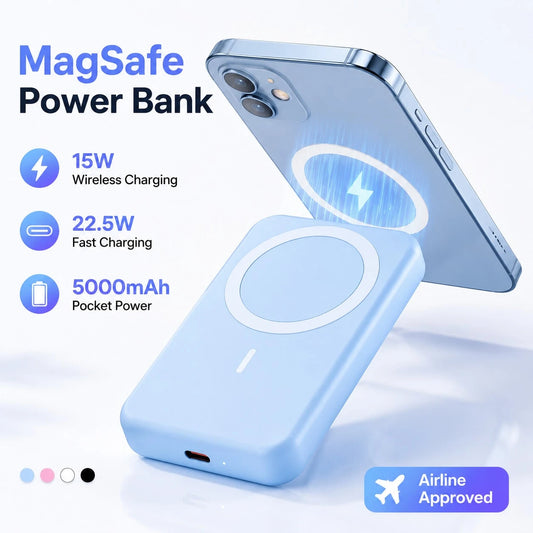 Slim Magnetic Wireless Power Bank 5000mAh Back To School Supplies 22.5W Wired Fast Charging 15W Wireless Charging Lightweight Portable Charger Strong Magnetic Suction Cable Free Phone Charger Works Wi