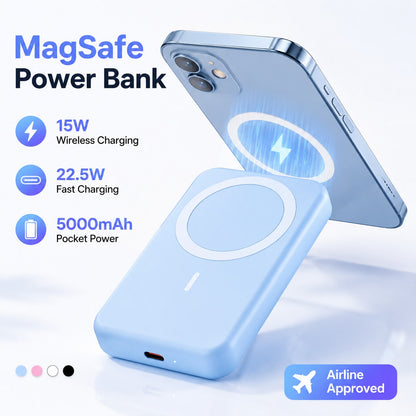 Slim Magnetic Wireless Power Bank 5000mAh Back To School Supplies 22.5W Wired Fast Charging 15W Wireless Charging Lightweight Portable Charger Strong Magnetic Suction Cable Free Phone Charger Works Wi