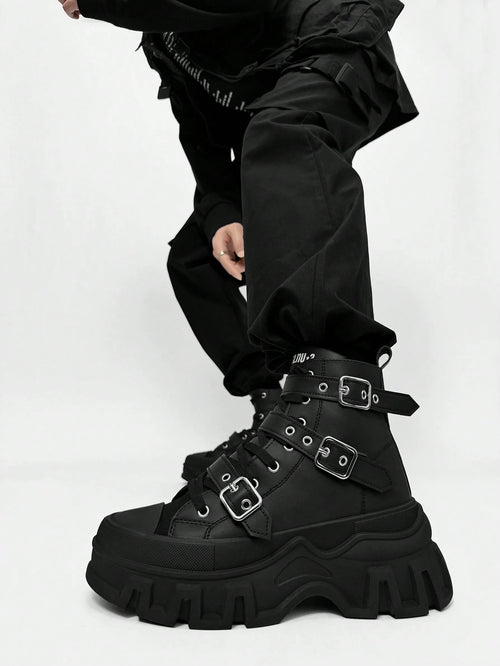 SLnU3 Men's Fashionable Thick Sole Motorcycle Boots, Solid Color Punk Street Preppy Casual Workwear Style Nightclub Outdoor Buckle Cool All-Season Versatile