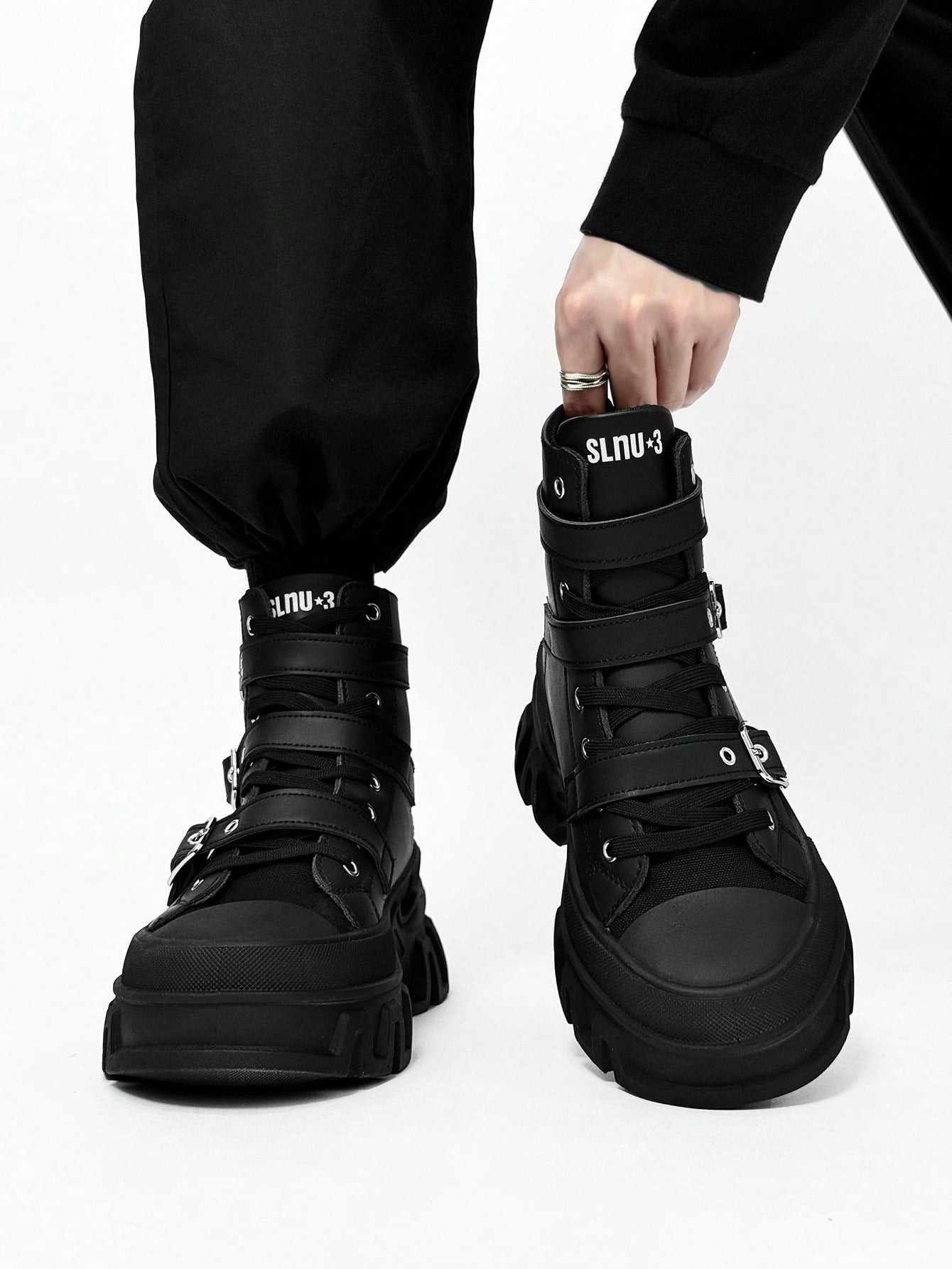 SLnU3 Men's Fashionable Thick Sole Motorcycle Boots, Solid Color Punk Street Preppy Casual Workwear Style Nightclub Outdoor Buckle Cool All-Season Versatile