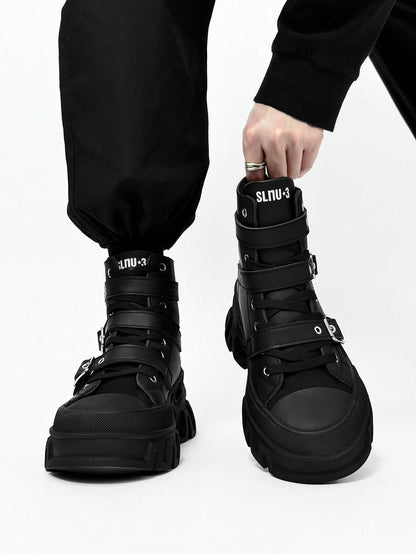 SLnU3 Men's Fashionable Thick Sole Motorcycle Boots, Solid Color Punk Street Preppy Casual Workwear Style Nightclub Outdoor Buckle Cool All-Season Versatile