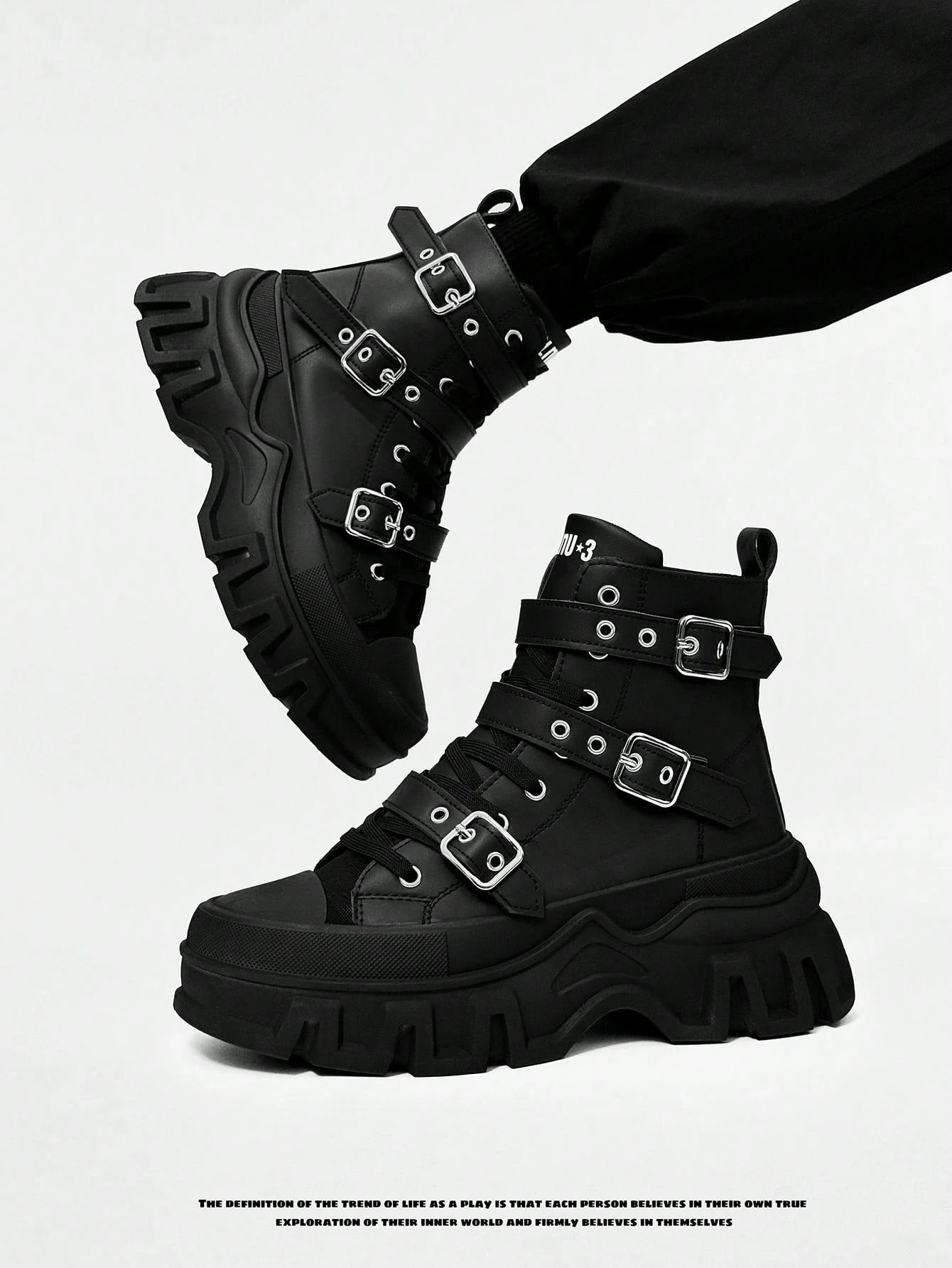 SLnU3 Men's Fashionable Thick Sole Motorcycle Boots, Solid Color Punk Street Preppy Casual Workwear Style Nightclub Outdoor Buckle Cool All-Season Versatile