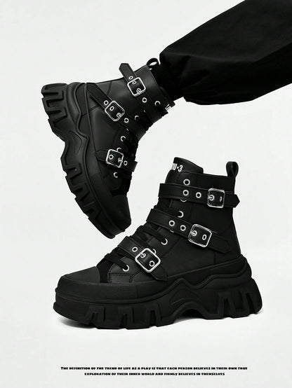 SLnU3 Men's Fashionable Thick Sole Motorcycle Boots, Solid Color Punk Street Preppy Casual Workwear Style Nightclub Outdoor Buckle Cool All-Season Versatile