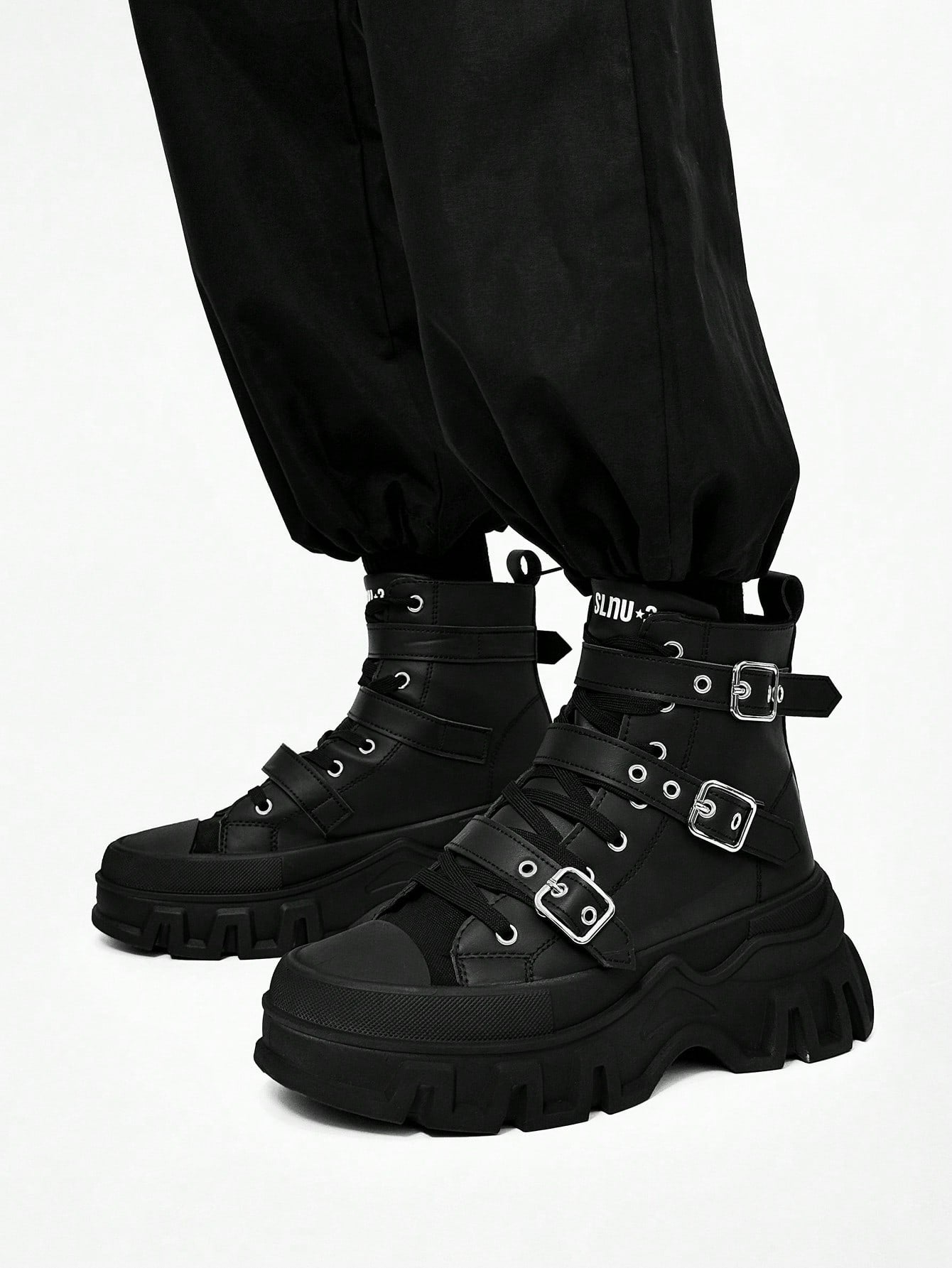 SLnU3 Men's Fashionable Thick Sole Motorcycle Boots, Solid Color Punk Street Preppy Casual Workwear Style Nightclub Outdoor Buckle Cool All-Season Versatile