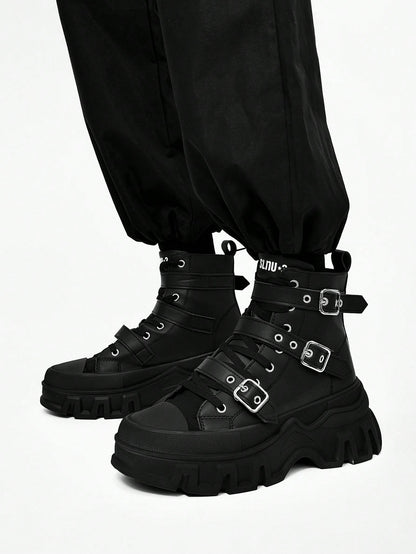SLnU3 Men's Fashionable Thick Sole Motorcycle Boots, Solid Color Punk Street Preppy Casual Workwear Style Nightclub Outdoor Buckle Cool All-Season Versatile