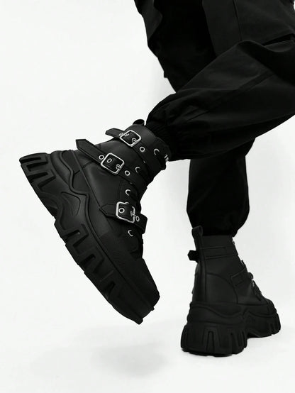 SLnU3 Men's Fashionable Thick Sole Motorcycle Boots, Solid Color Punk Street Preppy Casual Workwear Style Nightclub Outdoor Buckle Cool All-Season Versatile