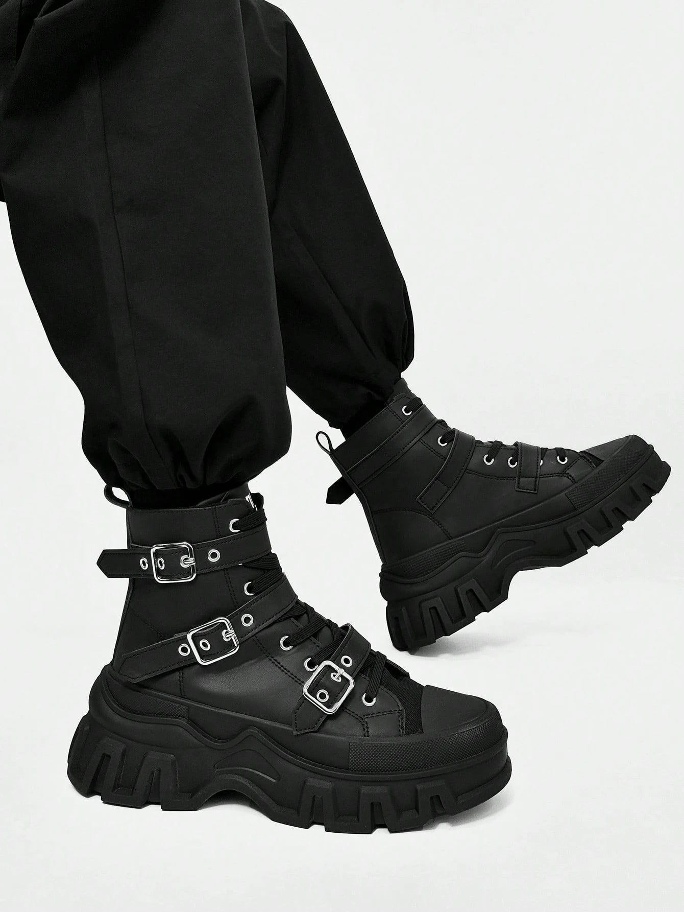 SLnU3 Men's Fashionable Thick Sole Motorcycle Boots, Solid Color Punk Street Preppy Casual Workwear Style Nightclub Outdoor Buckle Cool All-Season Versatile