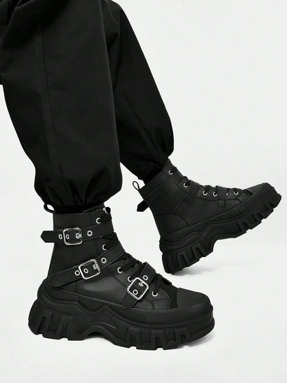 SLnU3 Men's Fashionable Thick Sole Motorcycle Boots, Solid Color Punk Street Preppy Casual Workwear Style Nightclub Outdoor Buckle Cool All-Season Versatile
