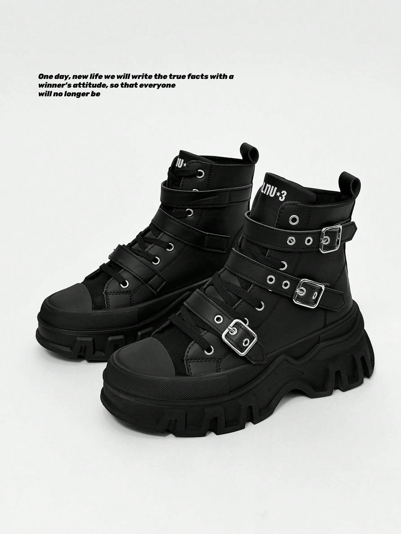 SLnU3 Men's Fashionable Thick Sole Motorcycle Boots, Solid Color Punk Street Preppy Casual Workwear Style Nightclub Outdoor Buckle Cool All-Season Versatile