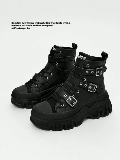SLnU3 Men's Fashionable Thick Sole Motorcycle Boots, Solid Color Punk Street Preppy Casual Workwear Style Nightclub Outdoor Buckle Cool All-Season Versatile