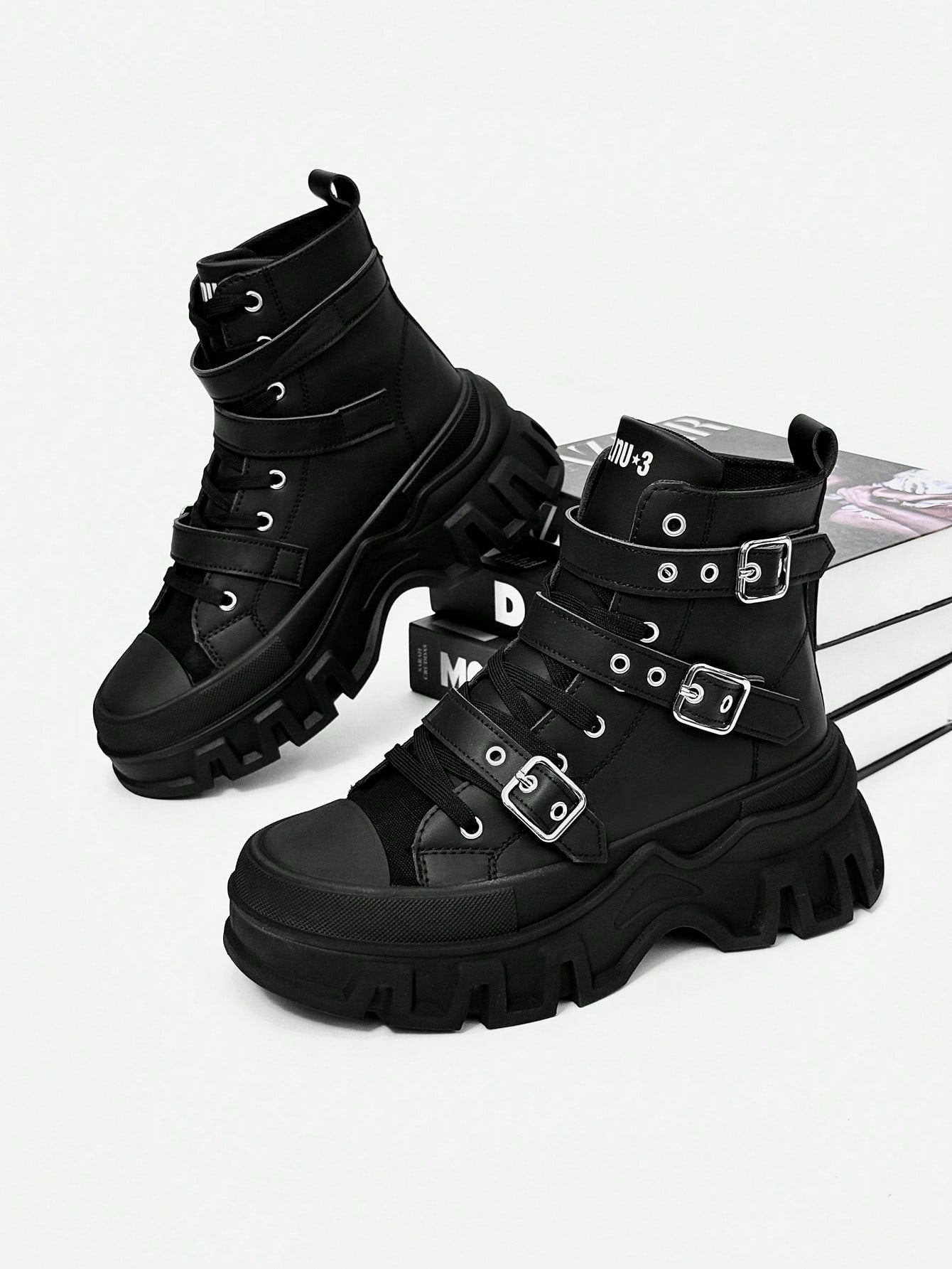 SLnU3 Men's Fashionable Thick Sole Motorcycle Boots, Solid Color Punk Street Preppy Casual Workwear Style Nightclub Outdoor Buckle Cool All-Season Versatile