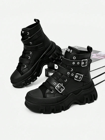 SLnU3 Men's Fashionable Thick Sole Motorcycle Boots, Solid Color Punk Street Preppy Casual Workwear Style Nightclub Outdoor Buckle Cool All-Season Versatile