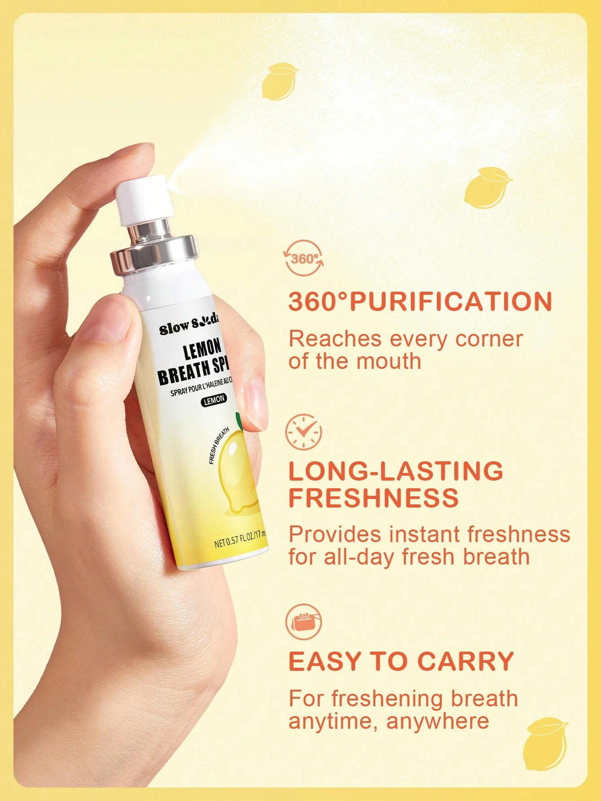Slow Sunday Lemon Breath Spray, Lemon, Fruit Flavored Mouth Freshener Spray, Go-To For Instantly Refreshing Your Breath, Good Choice For Vacation, Beach, Travel Essentials, Suitable For Summer Oral Ca