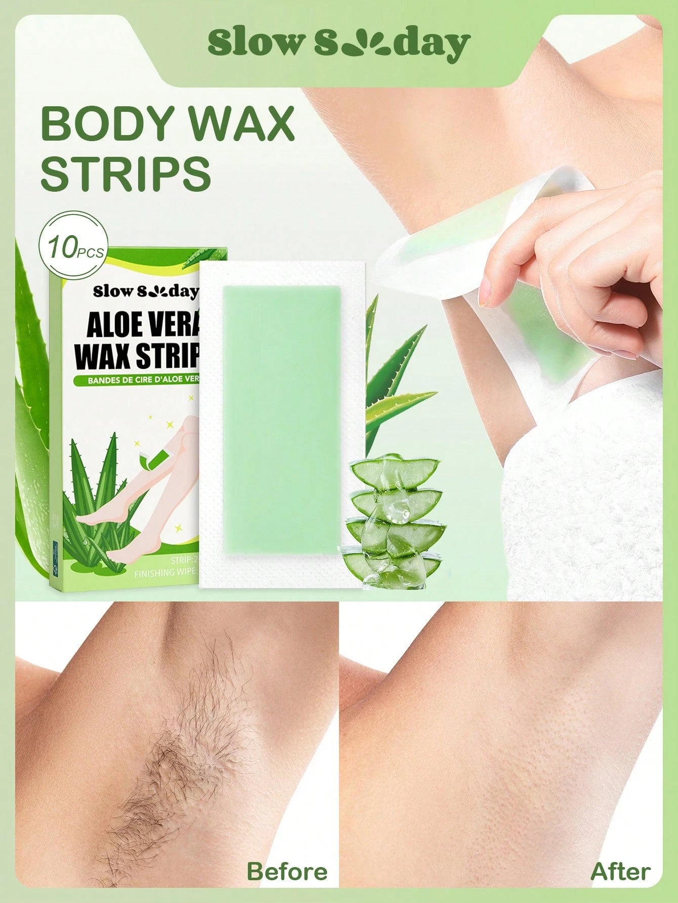 SlowSunday Aloe Vera Wax Strips, 10pcs, Body Wax Strips, With Skin-Care Ingredients, Coconut Oil & Aloe Vera, Effective Hair Removal, Leaves Skin Smooth, Easy To Use, For Summer, Skin Care, Y2K, Ideal