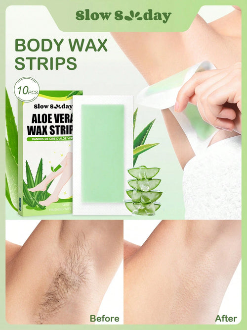 SlowSunday Aloe Vera Wax Strips, 10pcs, Body Wax Strips, With Skin-Care Ingredients, Coconut Oil & Aloe Vera, Effective Hair Removal, Leaves Skin Smooth, Easy To Use, For Summer, Skin Care, Y2K, Ideal