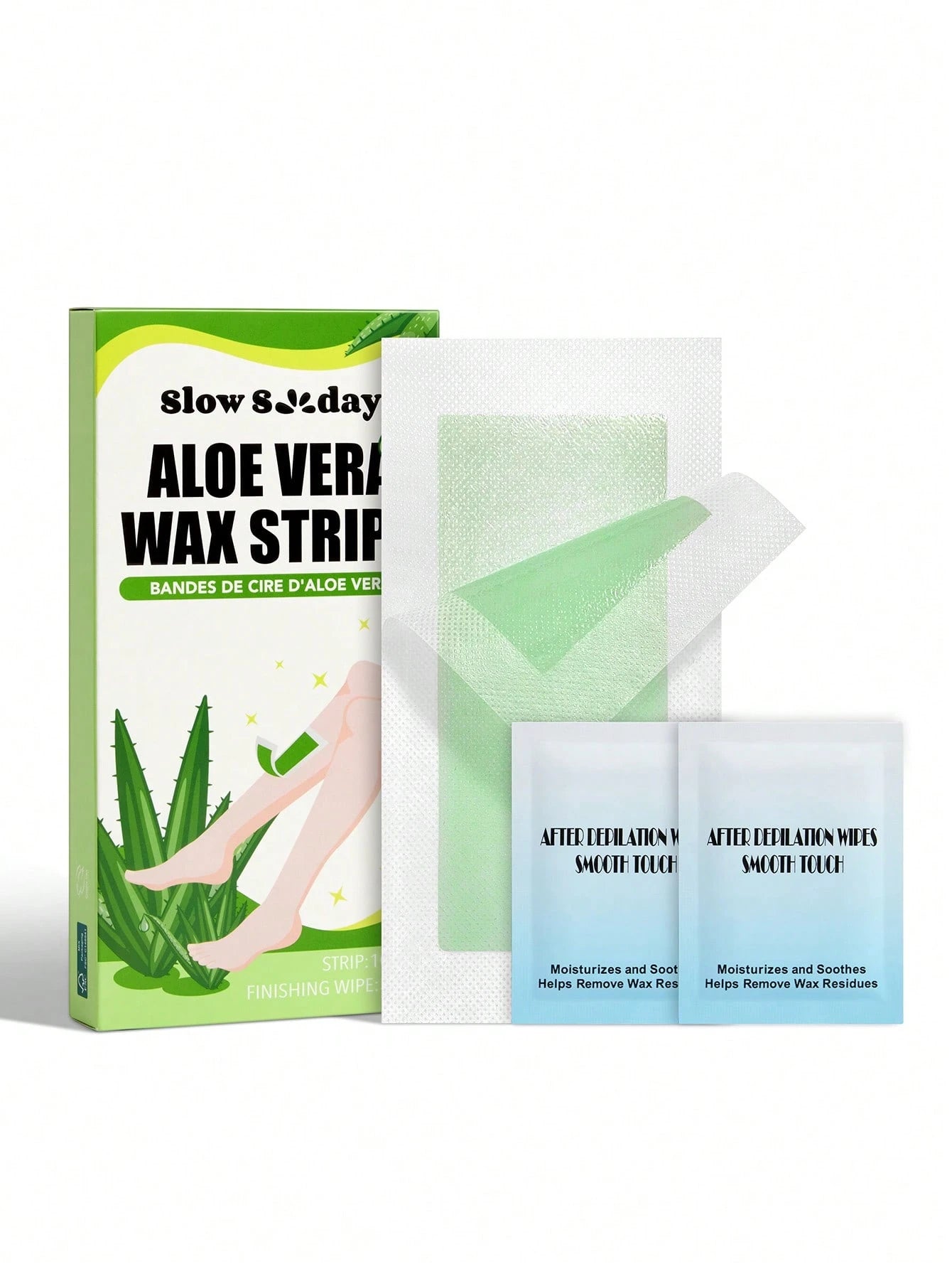 SlowSunday Aloe Vera Wax Strips, 10pcs, Body Wax Strips, With Skin-Care Ingredients, Coconut Oil & Aloe Vera, Effective Hair Removal, Leaves Skin Smooth, Easy To Use, For Summer, Skin Care, Y2K, Ideal
