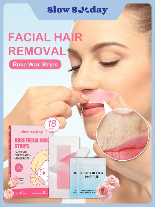 SlowSunday Rose Facial Wax Strips, Wax Hair Removal, Designed For Lips, Eyebrows, For A Soft, Nourished Finish, With Oil Pack To Removes Residue, Ideal For Party, Suitable For Summer