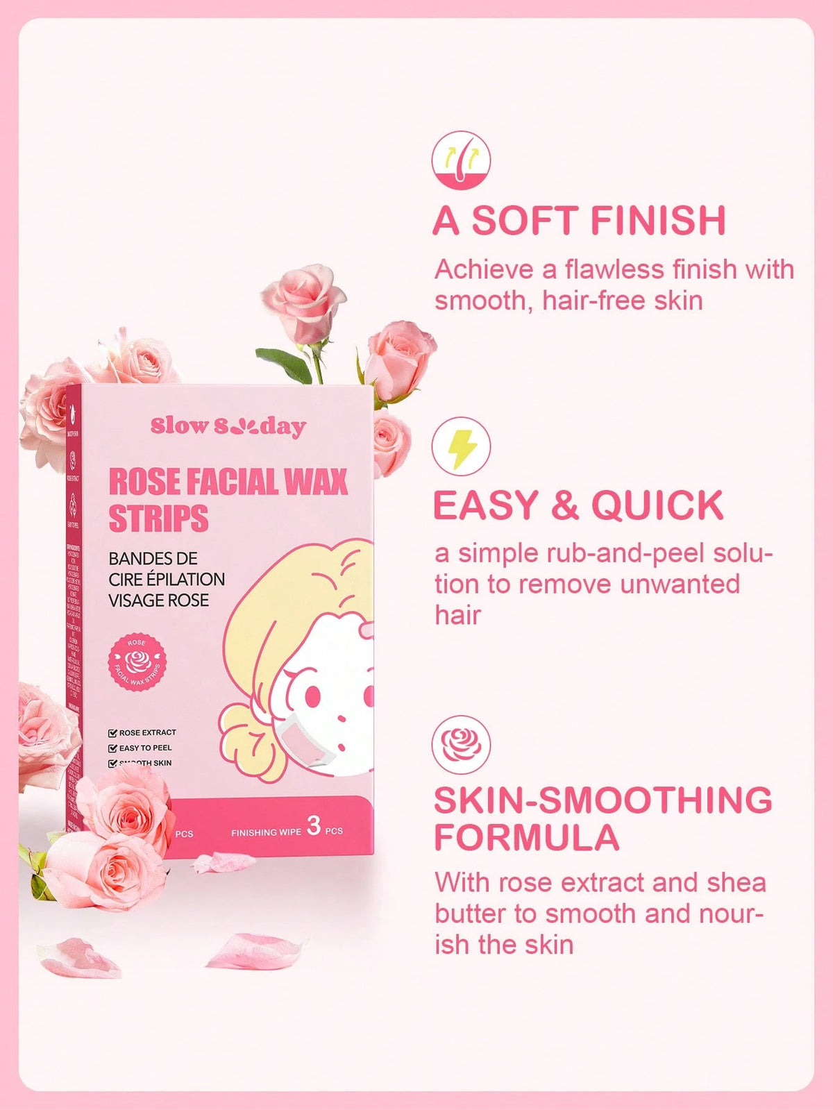 SlowSunday Rose Facial Wax Strips, Wax Hair Removal, Designed For Lips, Eyebrows, For A Soft, Nourished Finish, With Oil Pack To Removes Residue, Ideal For Party, Suitable For Summer