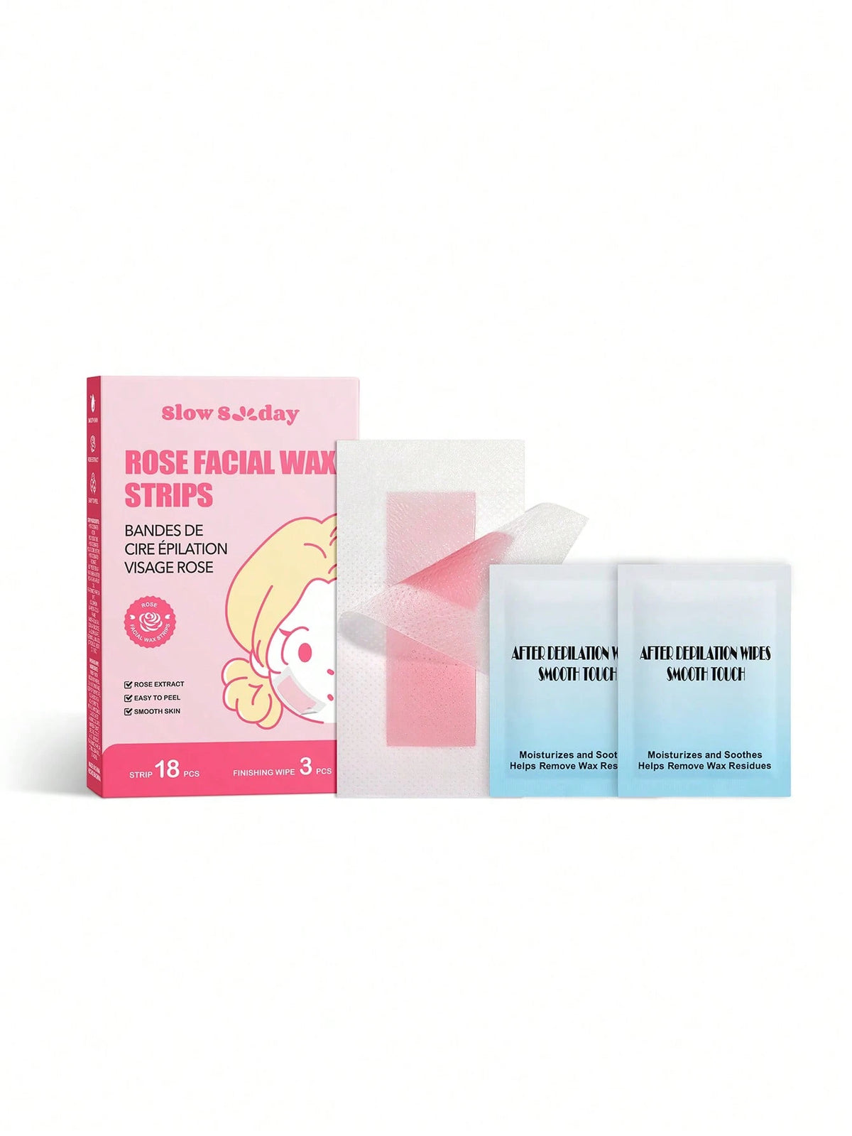 SlowSunday Rose Facial Wax Strips, Wax Hair Removal, Designed For Lips, Eyebrows, For A Soft, Nourished Finish, With Oil Pack To Removes Residue, Ideal For Party, Suitable For Summer
