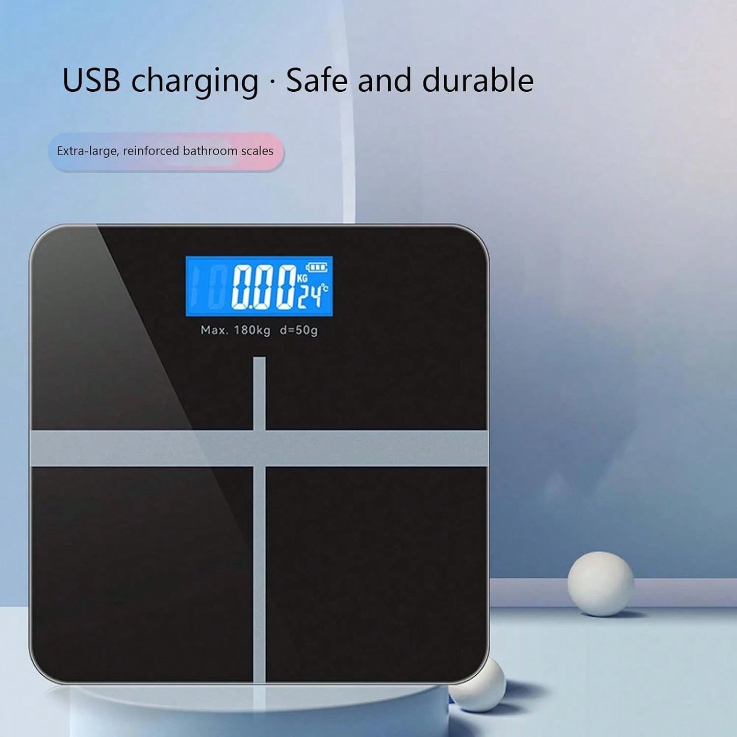 Smart Digital Scale, High-Precision Sensor, LED Display, USB Charging, Maximum Weight Capacity Of 180 Kg, 26 Cm * 26 Cm (Black).