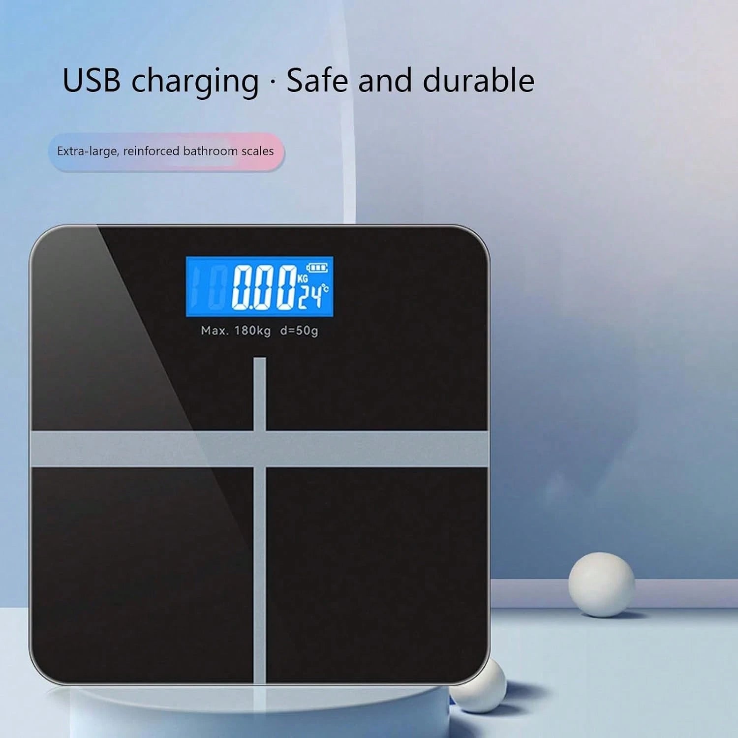 Smart Digital Scale, High-Precision Sensor, LED Display, USB Charging, Maximum Weight Capacity Of 180 Kg, 26 Cm * 26 Cm (Black).