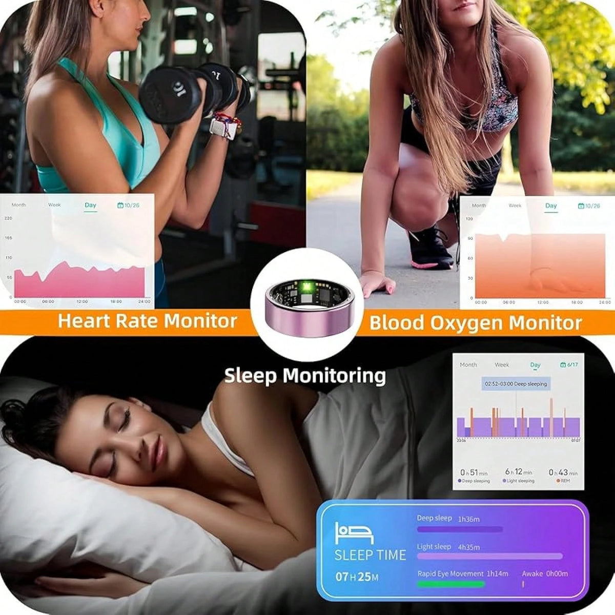 Smart Ring For Women Men, Health Tracker With Heart Rate/Blood Oxygen/Blood Pressure/Sleep Monitoring/Step Counting, IP68 Waterproof Fitness Ring, No App Fees For & Android (Lavender Pink, 6 # )