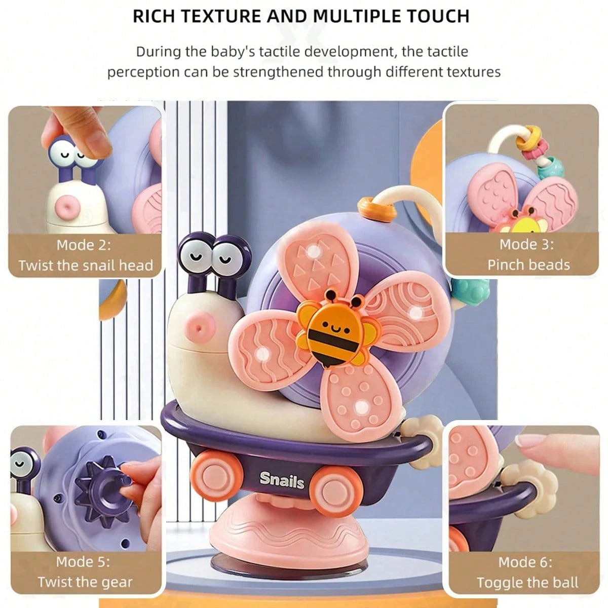 Snail Rotating Toy With Suction Cup, Baby Rattle Montessori Toy, Helps Improve Hands-On Ability And Sensory Development, Suitable For Baby Boys And Girls Children Gift