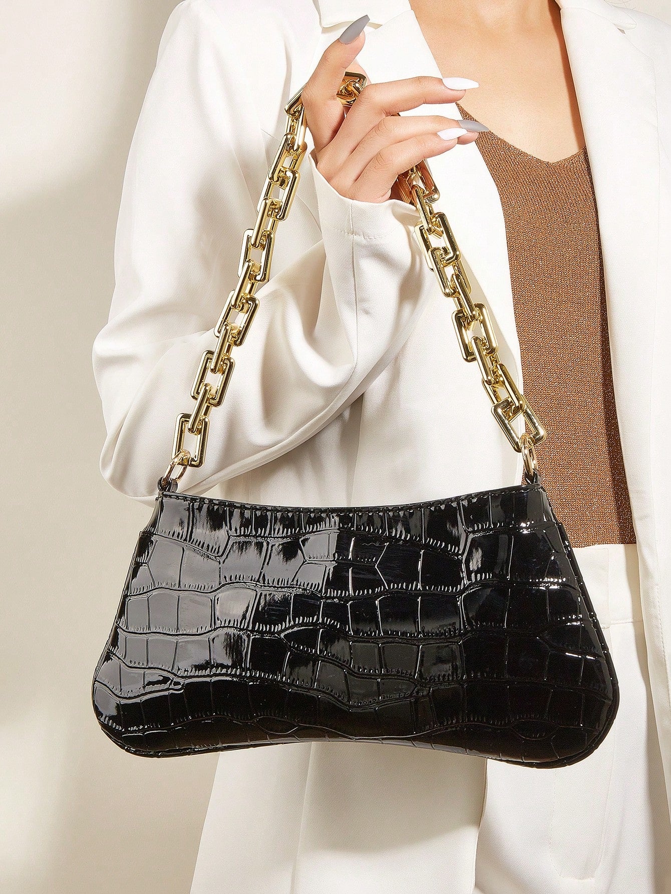 Snake Skin Acrylic Gold Chain Decor Shoulder Underarm Baguette Bag