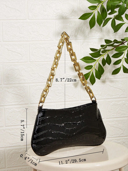 Snake Skin Acrylic Gold Chain Decor Shoulder Underarm Baguette Bag