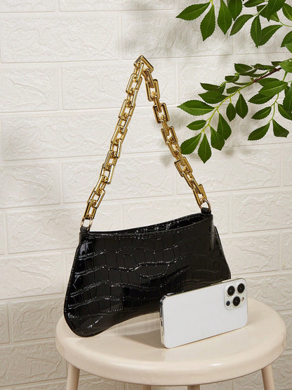 Snake Skin Acrylic Gold Chain Decor Shoulder Underarm Baguette Bag