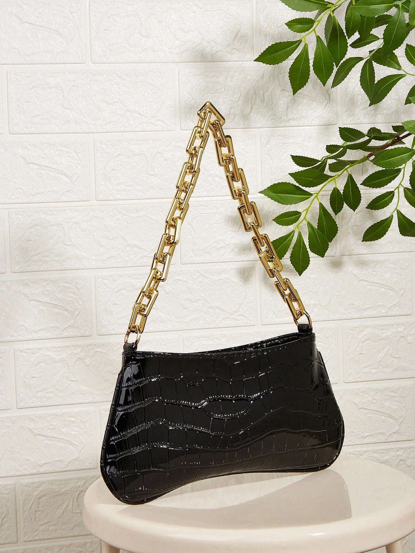 Snake Skin Acrylic Gold Chain Decor Shoulder Underarm Baguette Bag