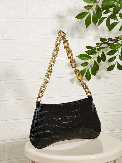 Snake Skin Acrylic Gold Chain Decor Shoulder Underarm Baguette Bag