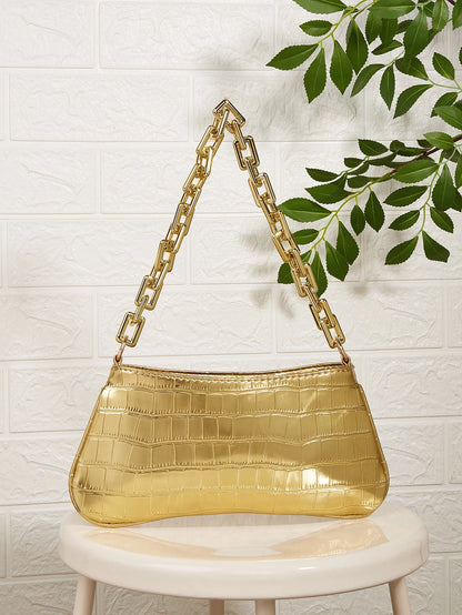 Snake Skin Acrylic Gold Chain Decor Shoulder Underarm Baguette Bag