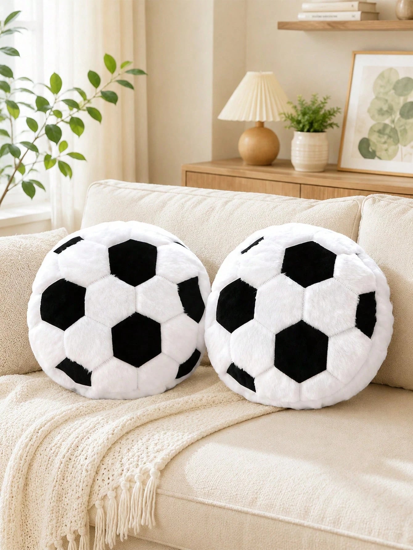 Soccer Plush Round Throw Pillow, Realistic Soccer Shaped Sofa Bedroom Cushion, Soft Fluffy Sports Style Decorative Pillow, Ideal Birthday Gift For Soccer Fans