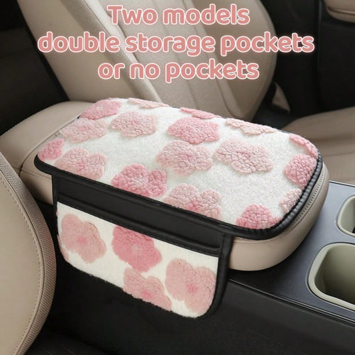 Soft Floral Car Center Armrest Console Pad, Car Armrest Cushion, Warm Plush Material, Fashionable Beautiful Gorgeous Comfortable, Two Models: Dual Pocket Or No Pocket, Can Store Bills, Keys, Lipstick
